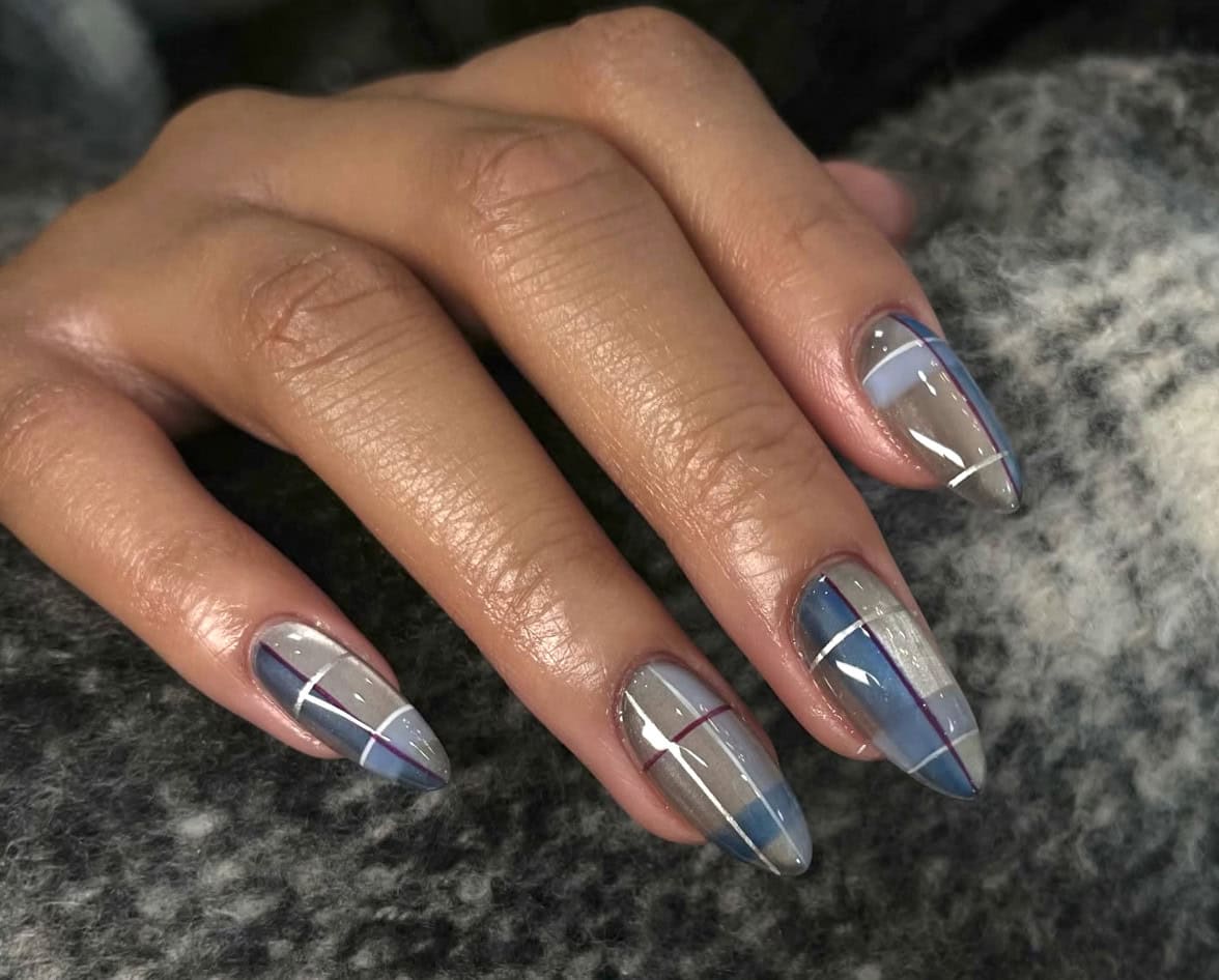 Long Stiletto Plaid with Silver Lines Long Stiletto Plaid with Silver Lines — January Nails
