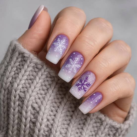 Purple to White Ombre Snowflake Squares — Winter Purple Nails