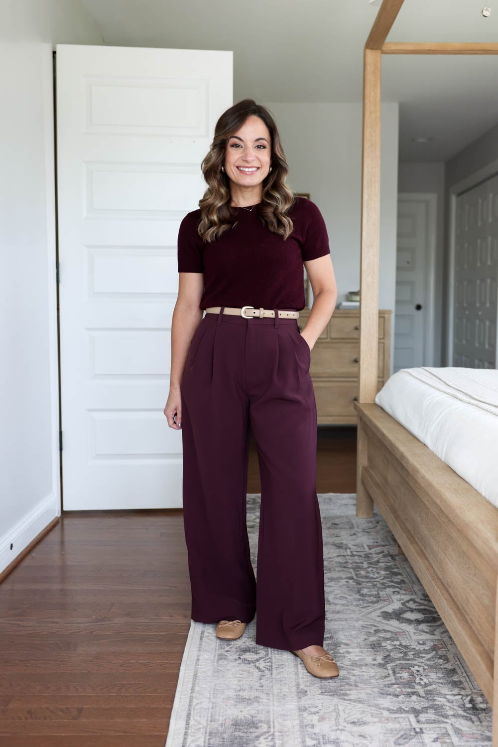 Business Casual Burgundy Wide-Leg Trousers with Knit Top — Burgundy Outfits