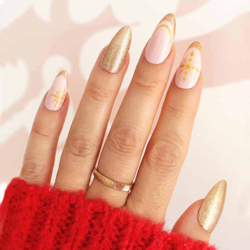 Pale Pink Base Gold Glitter Gold Accents Visual Idea — Winter Almond Nails