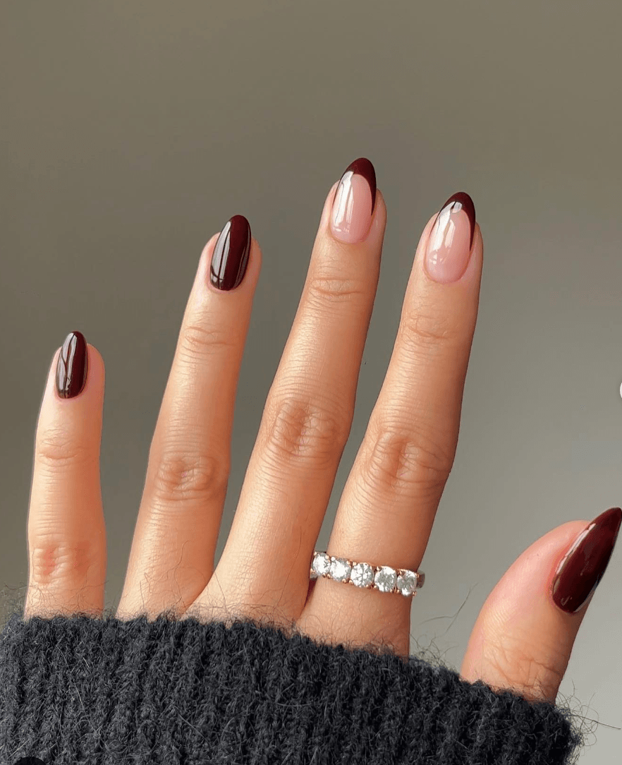 Burgundy French Tip with Diamond Ring Burgundy French Tip with Diamond Ring — Burgundy Nails