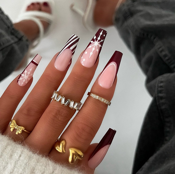 Pink Nude Burgundy French Snowflake Nails — Winter Acrylic Nails