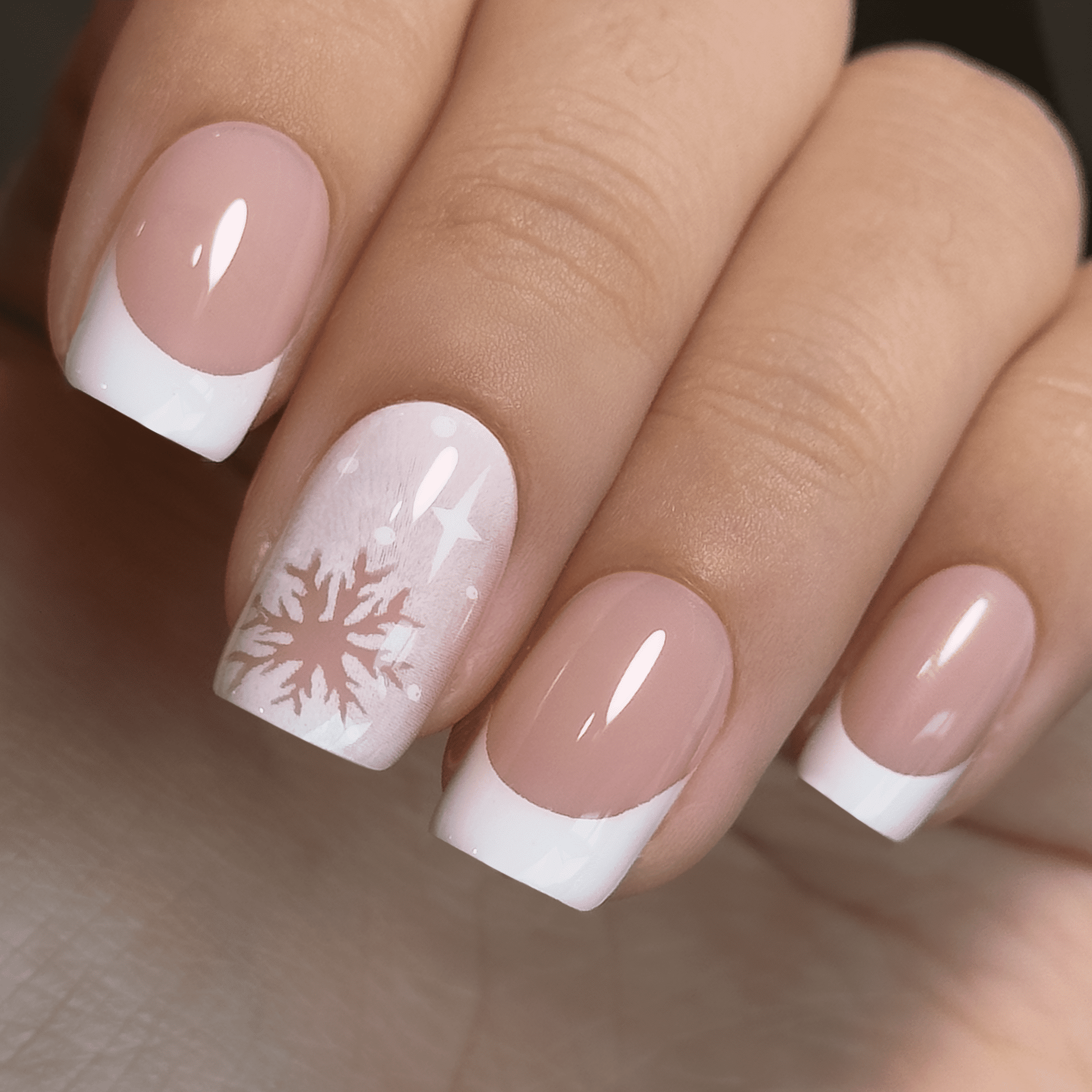 Sheer Pink French Snowflake Taupe — Winter Squoval Nails
