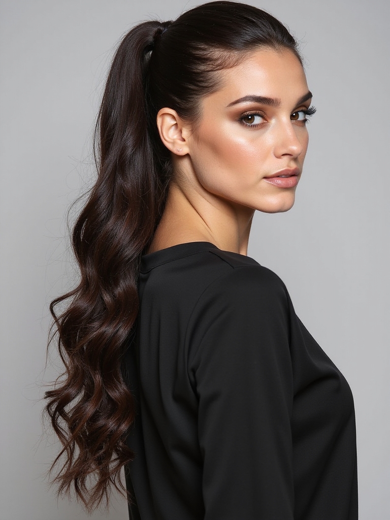 Dark Brown High Sleek Ponytail With Voluminous Waves — Winter Date Night Hairstyles
