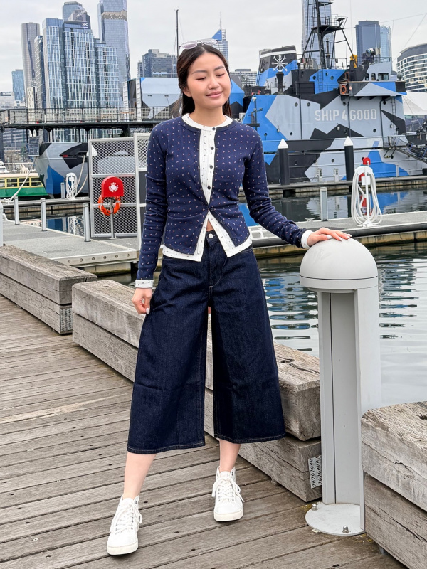 Classic Cool: Navy Cardigan with Contrast Trim and Denim Classic Cool: Navy Cardigan with Contrast Trim and Denim — Cardigan Outfits