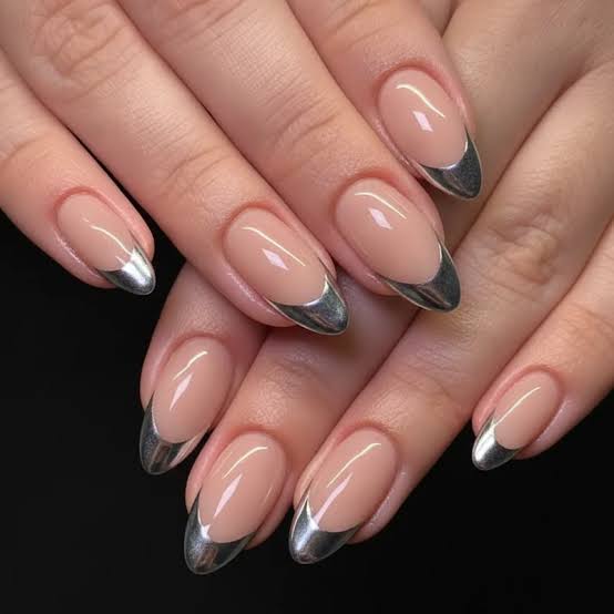 French Tips Visual Idea — Silver Chrome Nails