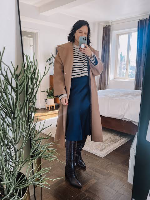 Camel Coat with Striped Sweater and Navy Midi Skirt Camel Coat with Striped Sweater and Navy Midi Skirt — Camel Coat Outfits