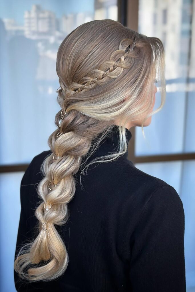 Ash Blonde Braid With Gold Rings Ash Blonde Braid With Gold Rings — Winter Party Hairstyles