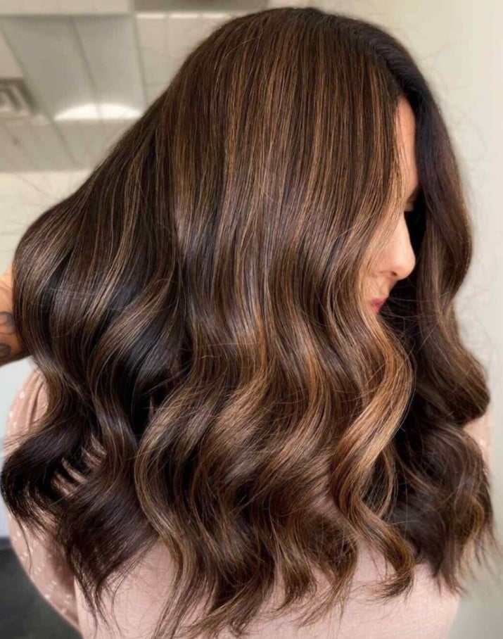 Rich Dark Brown With Caramel Waves Rich Dark Brown With Caramel Waves — Winter Shoulder Length Hairstyles