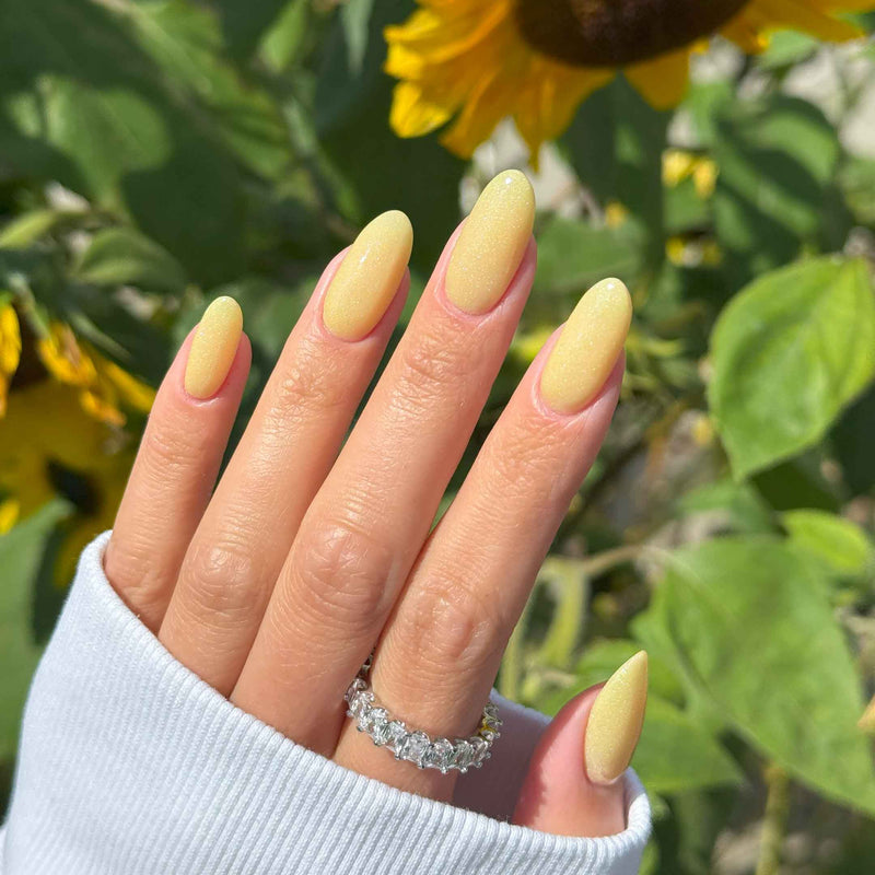 Medium Almond Bright Yellow Shimmer Nails Medium Almond Bright Yellow Shimmer Nails — Yellow Nail Designs