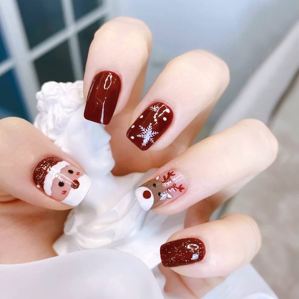 Deep Red Christmas Character Nail Art Deep Red Christmas Character Nail Art — Short Winter Acrylic Nails