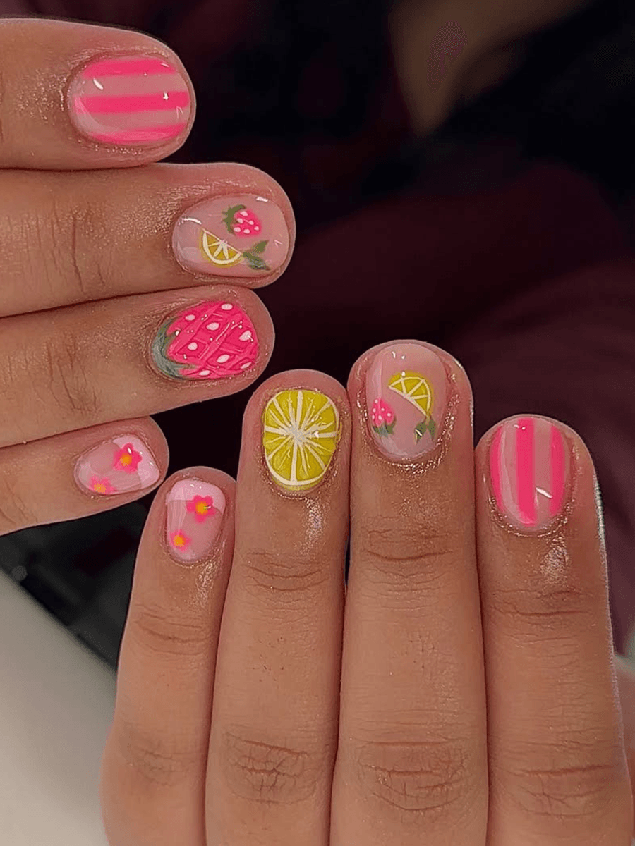 Fruit Motifs And Stripes Visual Idea Fruit Motifs And Stripes Visual Idea — Short Nail Designs