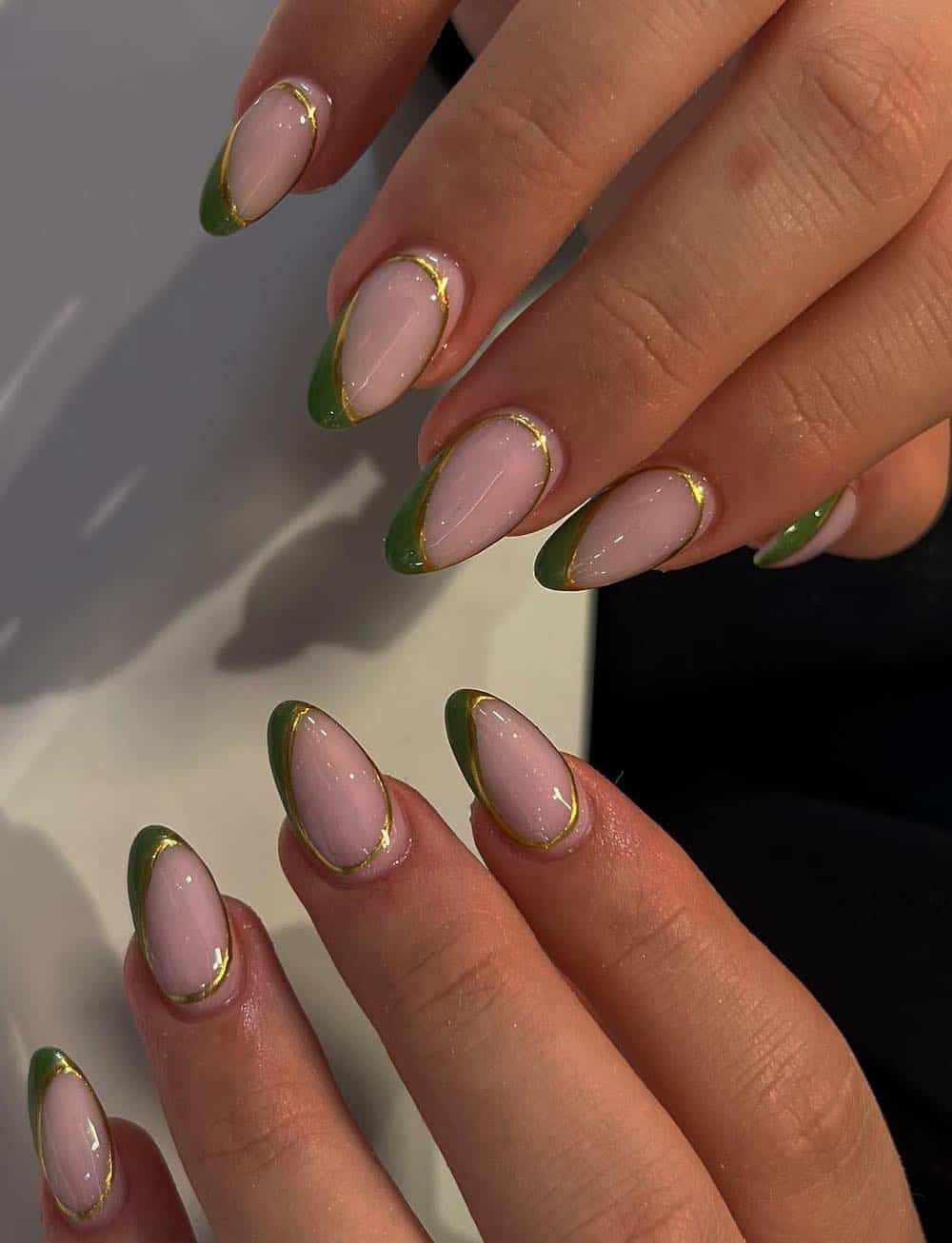 Olive Green French Tips with Gold Line Olive Green French Tips with Gold Line — Green Nail Designs
