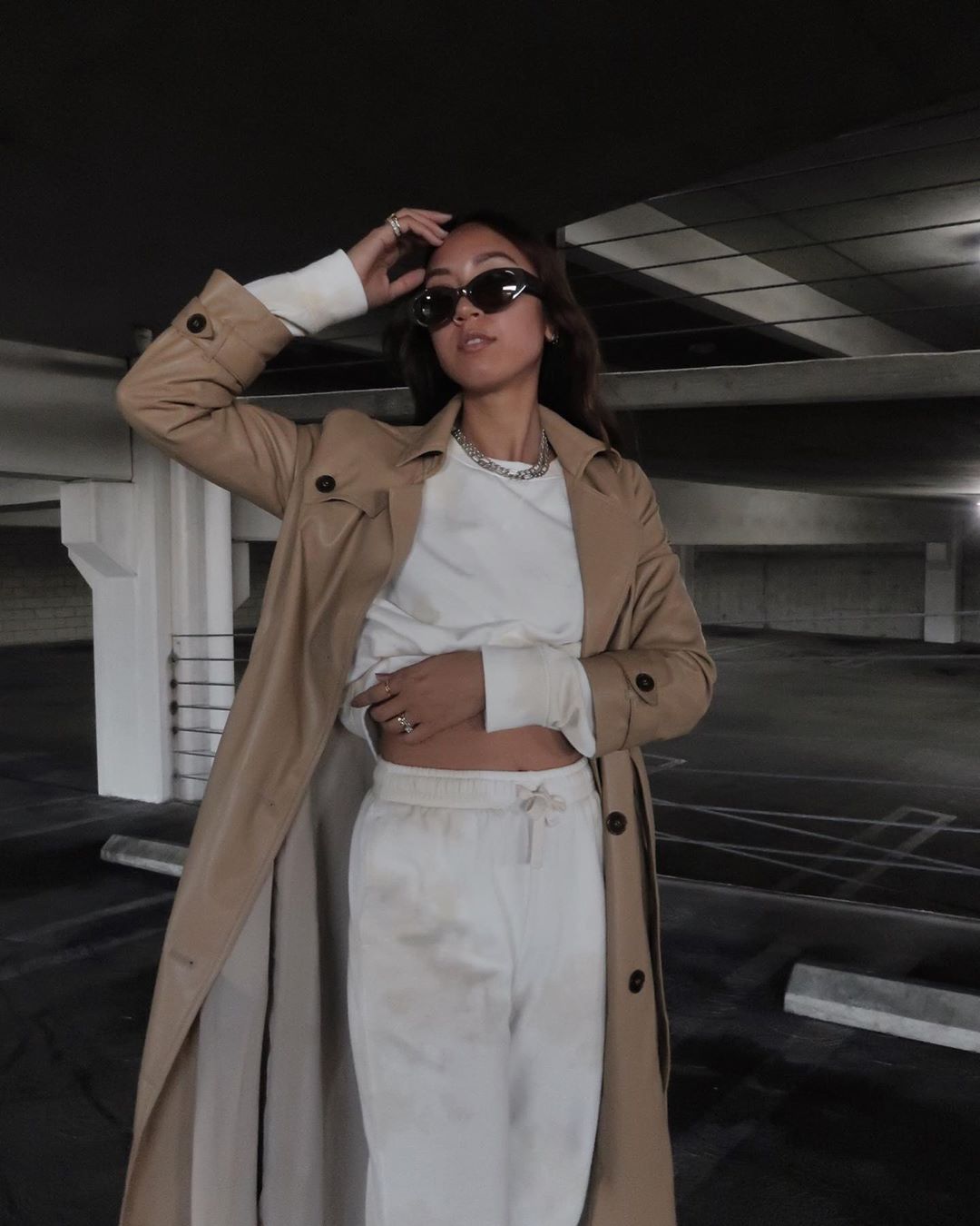 White Satin Loungewear Pants with Oversized Beige Trench Coat White Satin Loungewear Pants with Oversized Beige Trench Coat — Loungewear Outfits