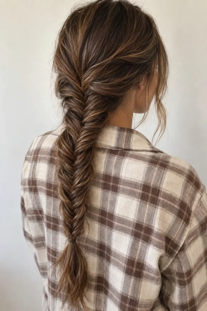 Brown Fishtail Braid With Face-Framing — Winter Hairstyles for Long Hair