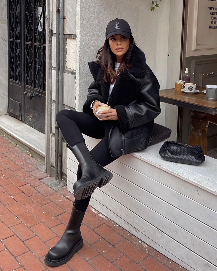 Black Shearling Lined Jacket with Platform Boots — Shearling Coat Outfits