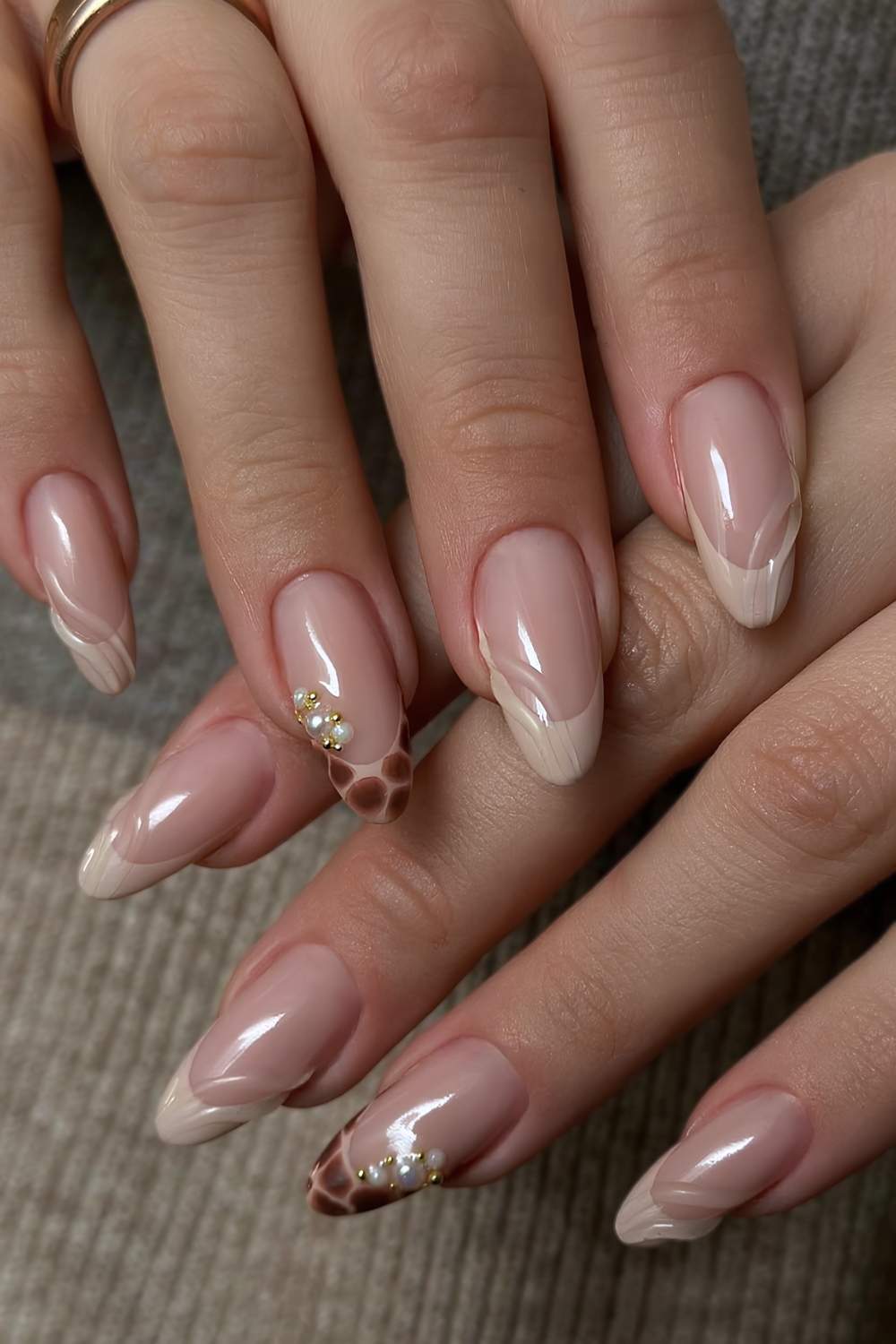 Nude with Wavy Beige French Tips and Pearls — Neutral Nail Colors