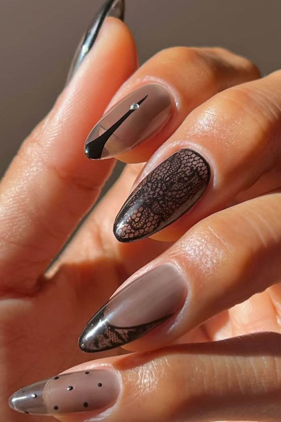 Nude Black Lace Almond Nails Nude Black Lace Almond Nails — Medium Length Winter Nails