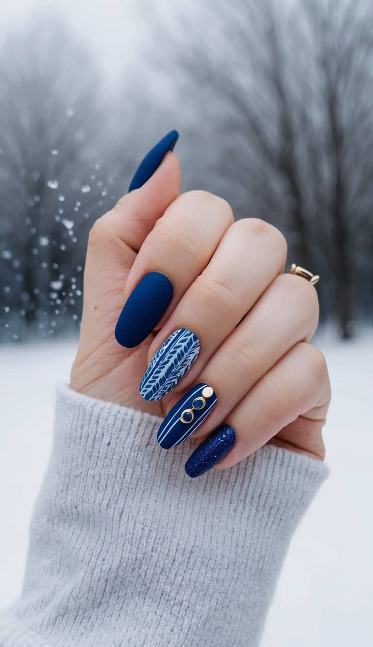 Matte Navy Winter Scene with Snowflake & Knit — Winter Matte Nails
