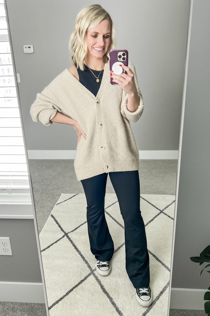 Cardigan Comfort with Simple Accessories — Flare Leggings Outfits
