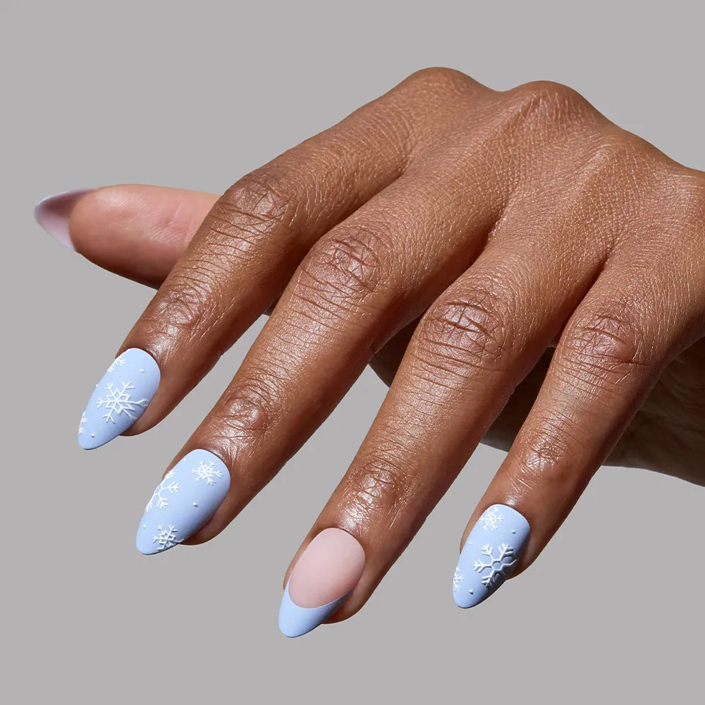 Winter Matte Light Blue with Embossed Snowflakes and French Tips — Winter Blue Nails