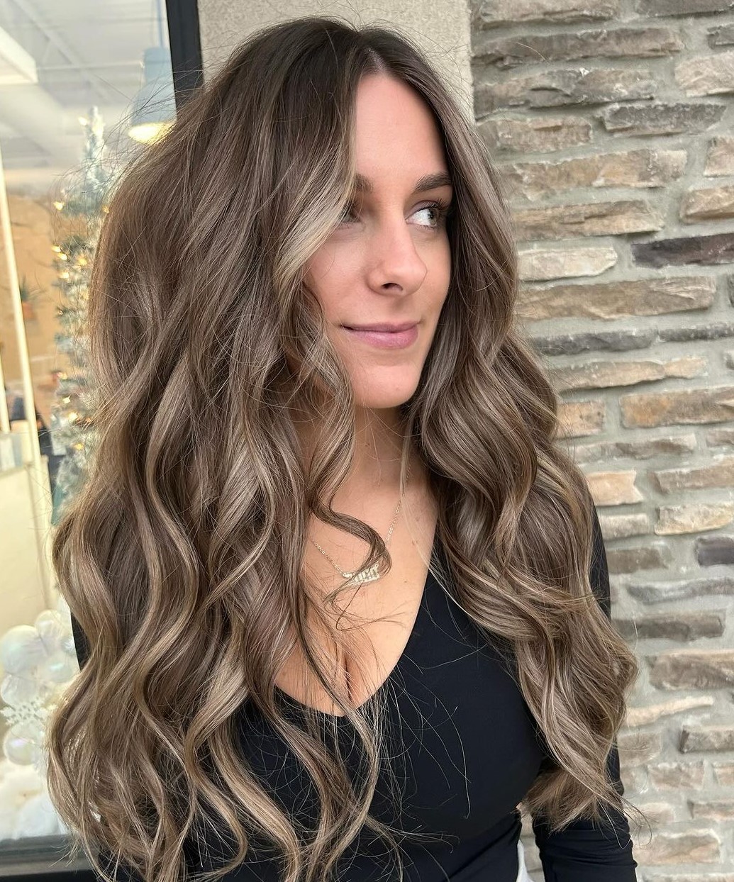 Dark Brown With Ash Blonde Balayage — It Is Styled In Loose Dark Brown With Ash Blonde Balayage — It Is Styled In Loose — Reverse Balayage