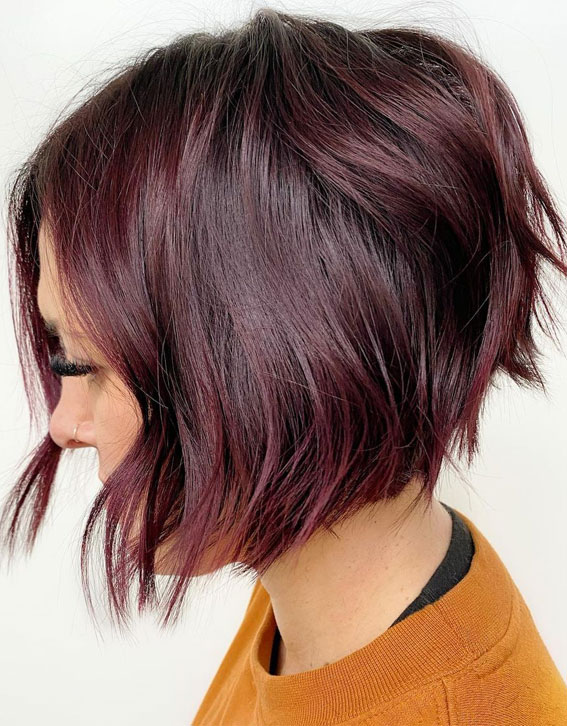 Plum Burgundy Bob With Subtle Waves — Plum Hair Color