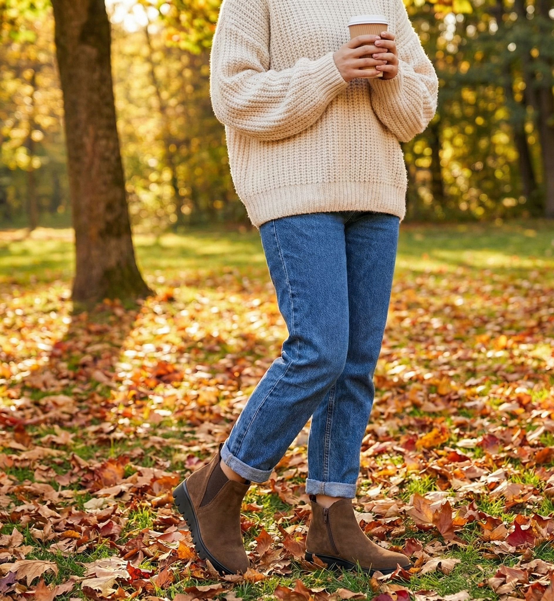 Casual Autumn Day Brown Chelsea Boots with Cream Knit Sweater and Jeans Casual Autumn Day Brown Chelsea Boots with Cream Knit Sweater and Jeans — Chelsea Boots Outfits