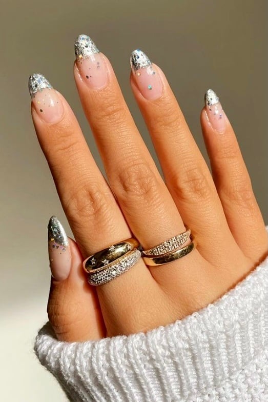 Silver Glitter Tip Almond Nails — Winter Wedding Nails