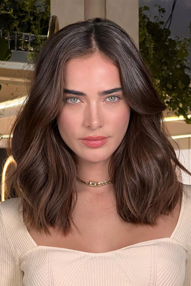 Medium Wavy Brown Hair with Off-the-Shoulder Top Medium Wavy Brown Hair with Off-the-Shoulder Top — Trendy Haircuts for Women