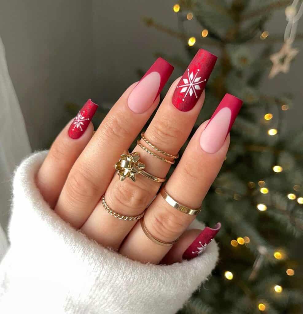 Matte Red Glossy Nude Tips Matte Red Snowflake French Nails Matte Red Glossy Nude Tips Matte Red Snowflake French Nails — Snowflake Nails