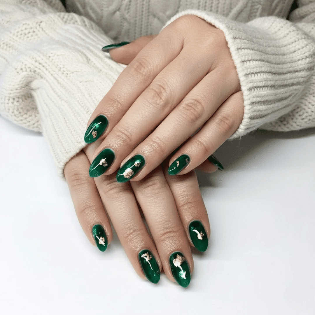Emerald Green with Rose Gold Foil Accents — Winter Green Nails