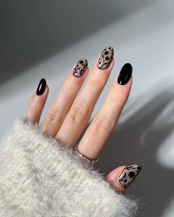 Black And Sheer Nude Visual Idea — Winter Nail Art