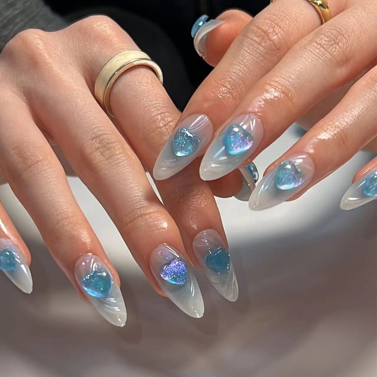 3D Glitter Heart Stiletto Nails 3D Glitter Heart Stiletto Nails — Icy Blue Nails