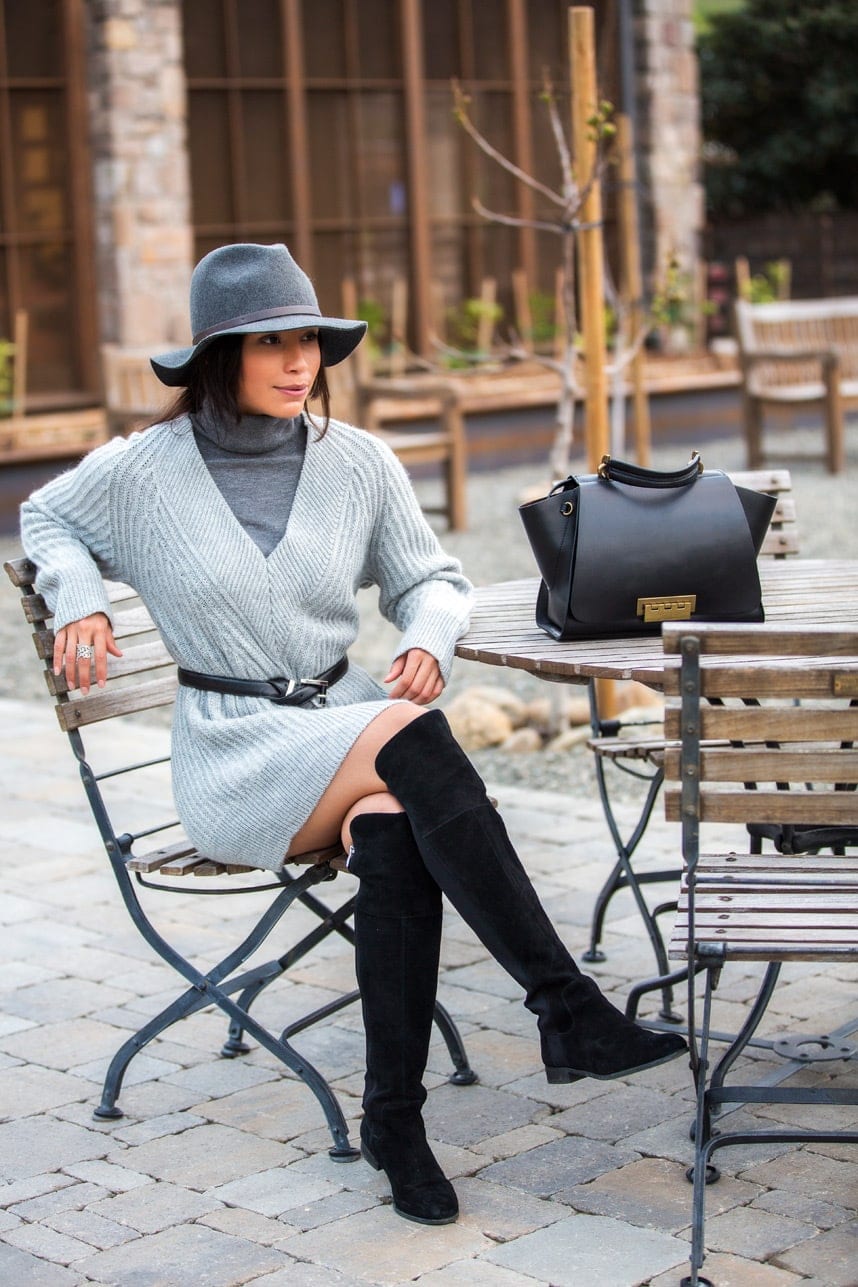 Grey Turtleneck Under Sweater Dress with Over-the-Knee Boots — Turtleneck Outfits