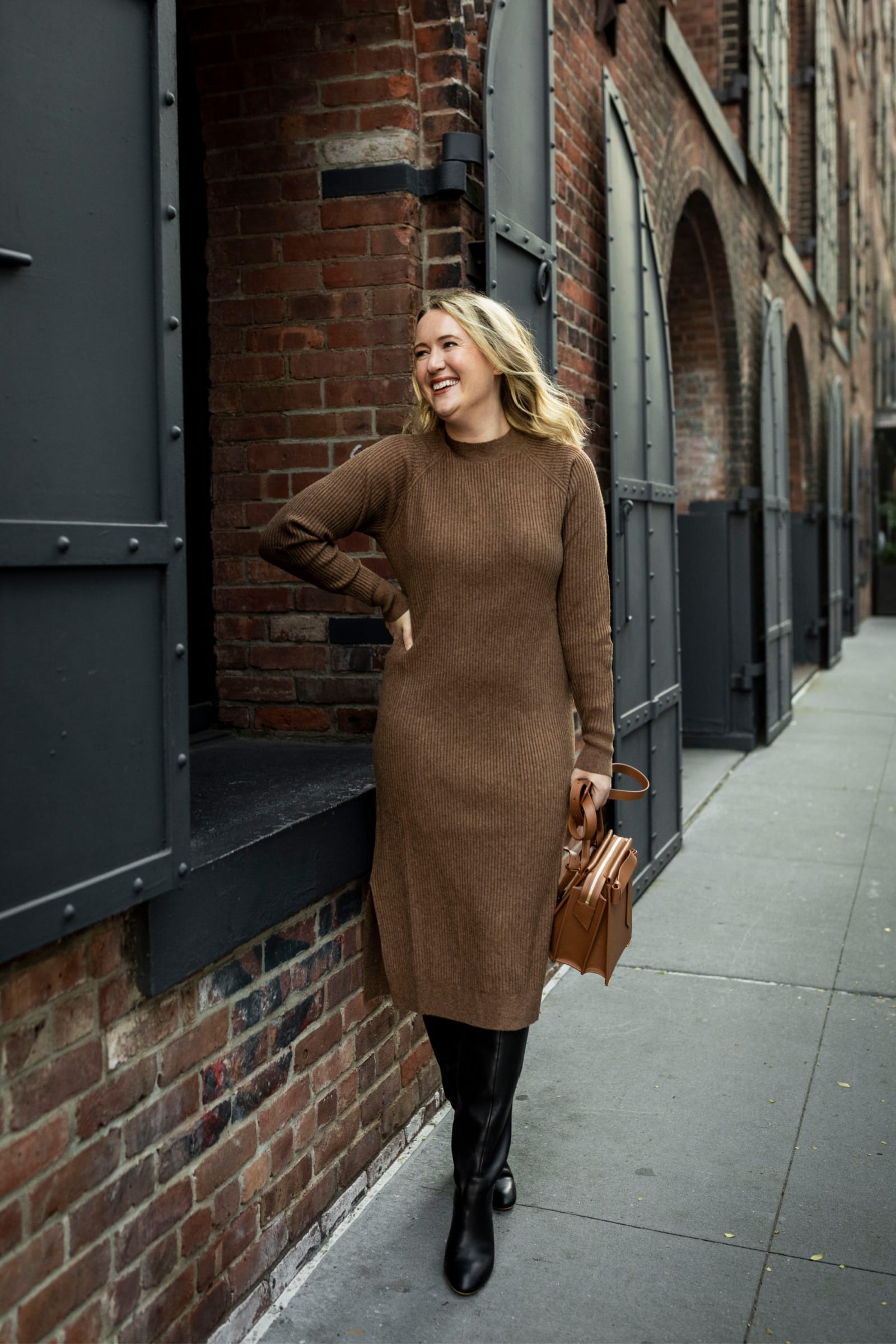 Casual Daytime Brown Knit Sweater Dress with Black Knee-High Boots Casual Daytime Brown Knit Sweater Dress with Black Knee-High Boots — Sweater Dress Outfits