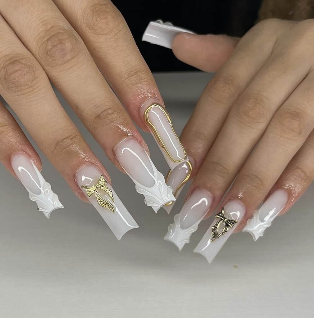 3D Embellished Milky White Stiletto — Milky White Nails