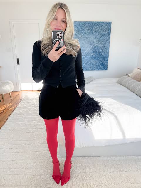 Playful Evening Out: Bright Red Tights with Velvet Shorts — Tights Outfits