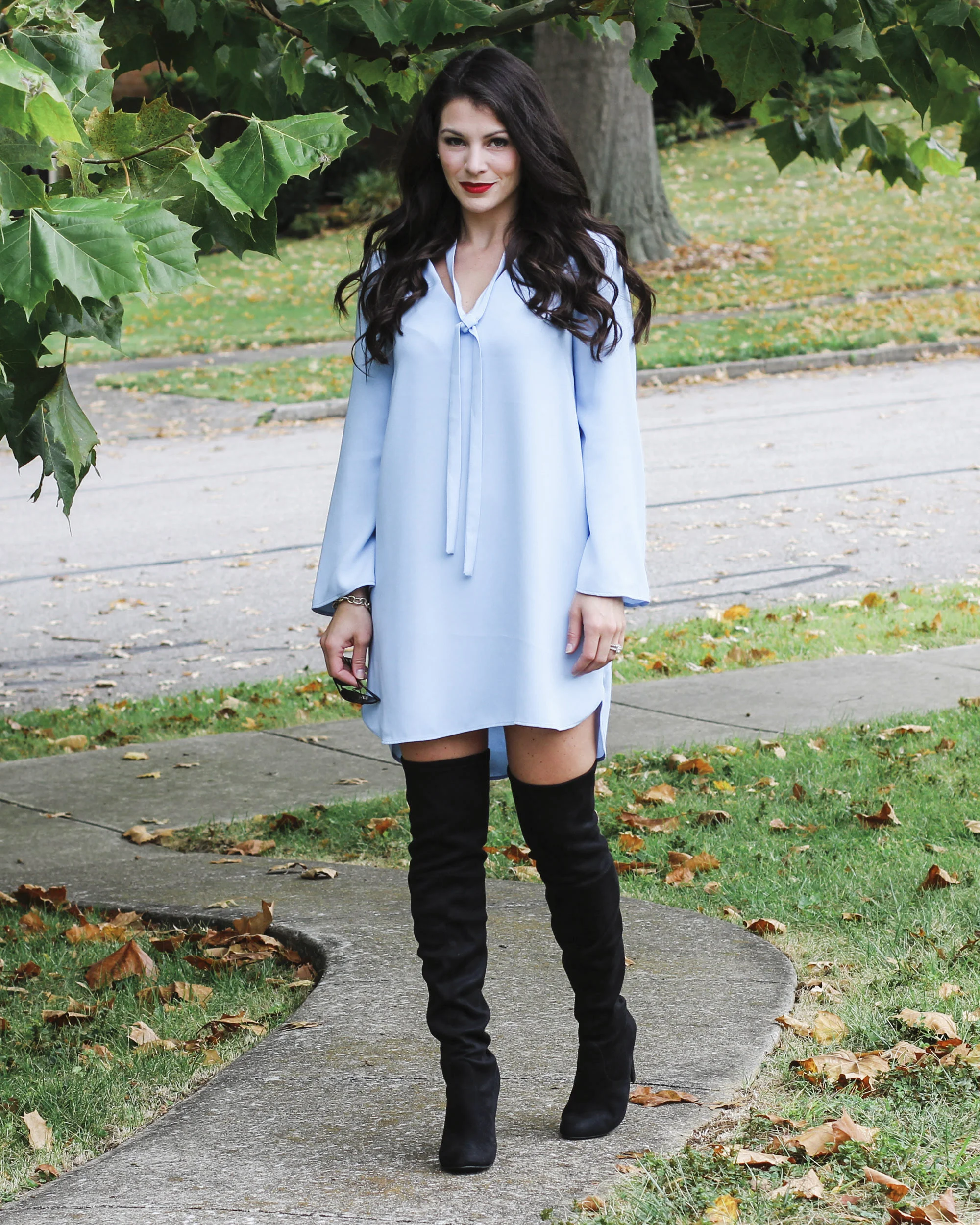 Black Over-the-Knee Boots with Light Blue Shift Dress Black Over-the-Knee Boots with Light Blue Shift Dress — Over the Knee Boots Outfits