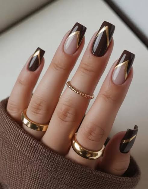 Dark Brown Geometric Gold Line Nails — Brown Nail Designs