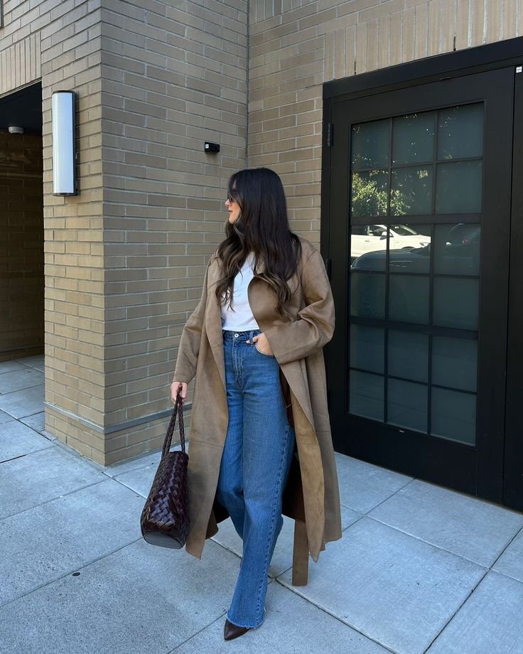 Chocolate Brown Coat with Wide-Leg Jeans for Fall Chic — Brown Coat Outfits