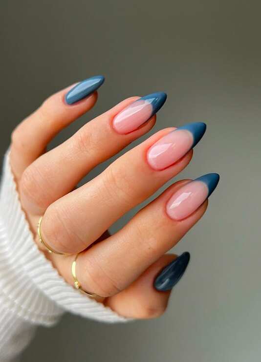 Blue French Tip Almonds — Winter Almond Nails
