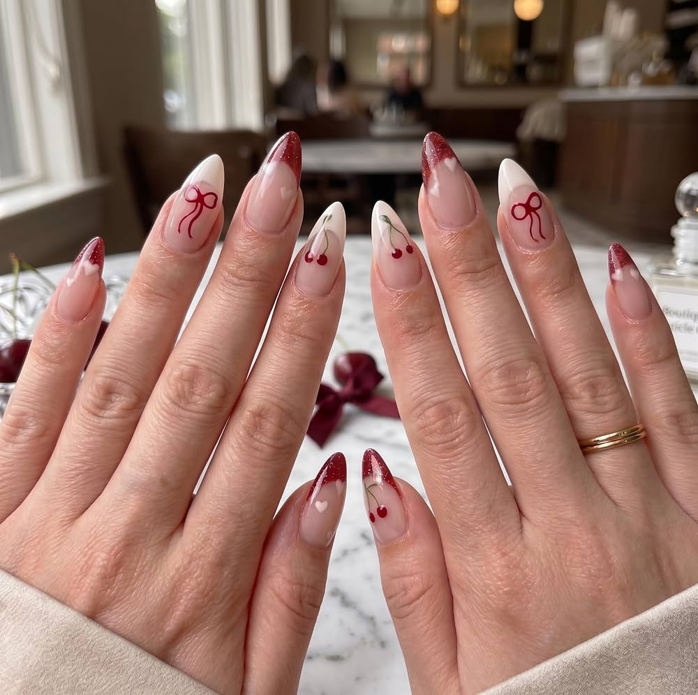 Cherry and Bow Motifs Red Glitter French Tip Almond Nails Cherry and Bow Motifs Red Glitter French Tip Almond Nails — Cherry Red Nails
