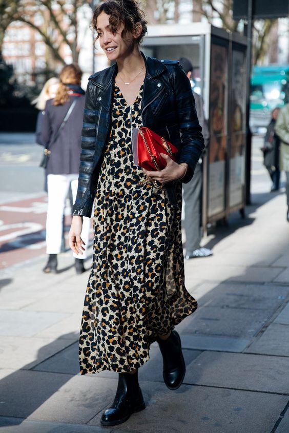 Black Combat Boots With a Leopard Print Dress and Biker Jacket — Combat Boots Outfits