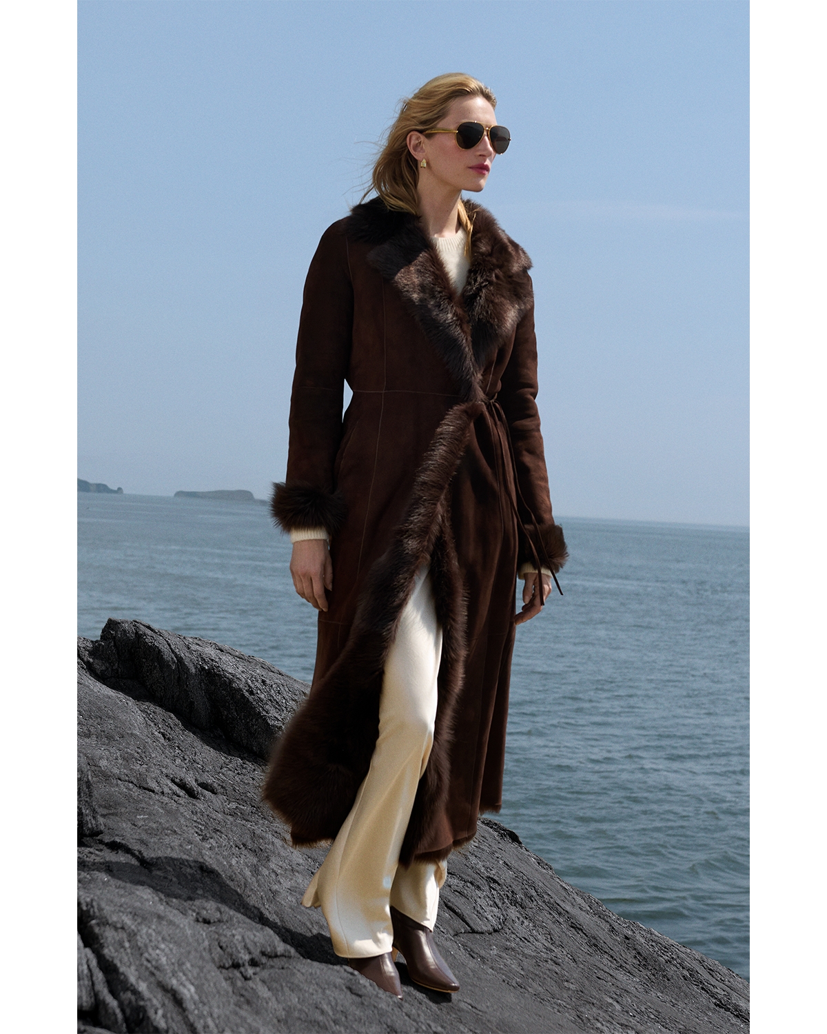 Long Brown Suede Shearling Coat with Wide-Leg Trousers — Shearling Coat Outfits
