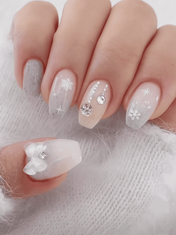 3D Flower Grey Nude Oval Nails 3D Flower Grey Nude Oval Nails — Medium Length Winter Nails