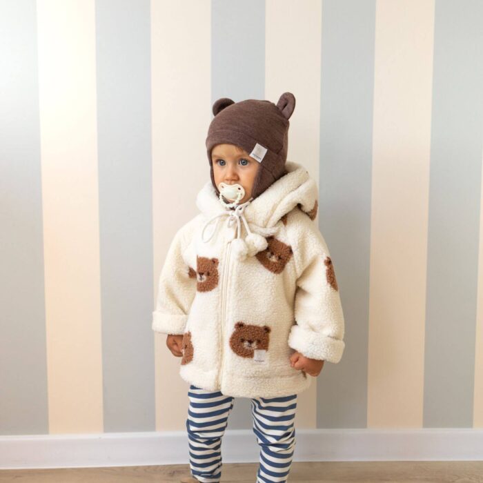 Cream Bear-Print Fleece Jacket with Matching Hat — Winter Outfits for Kids