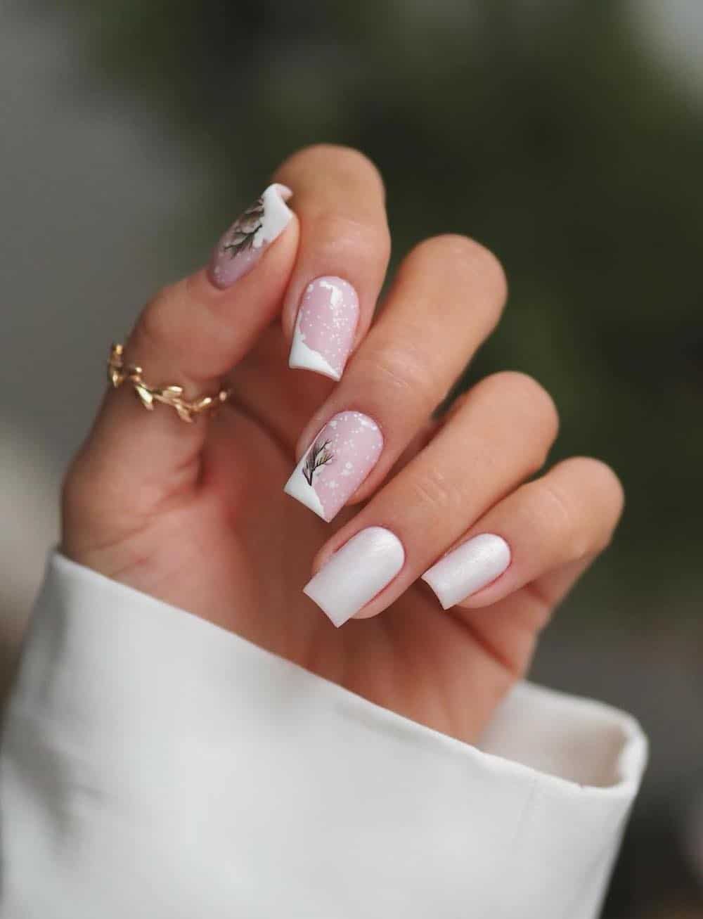 Matte White With Delicate Snowflake Accents Matte White With Delicate Snowflake Accents — Winter Square Nails