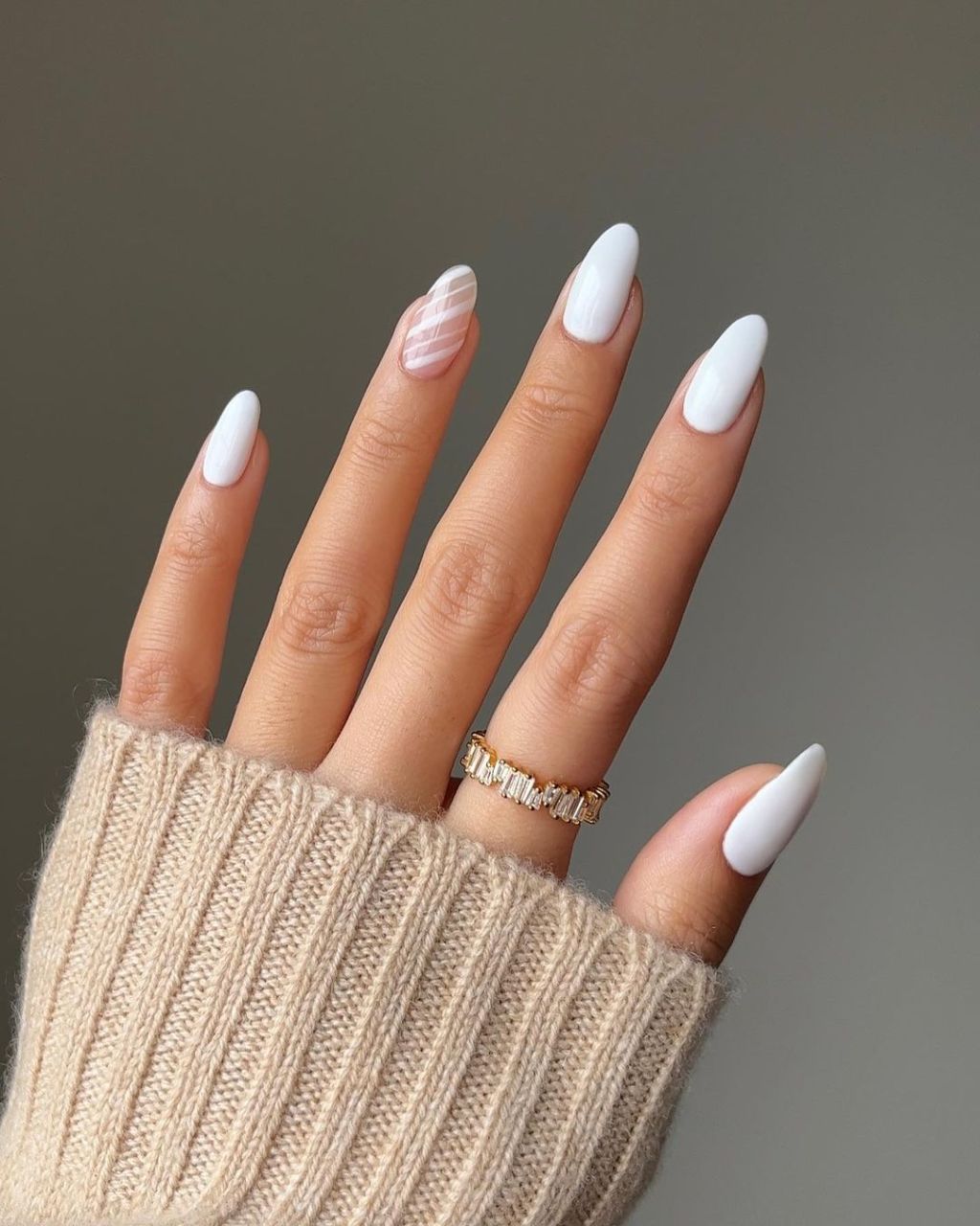 Thin Diagonal Lines On One Nail Visual Idea — Neutral Winter Nails