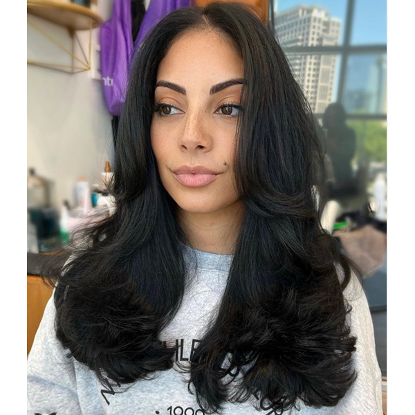 Dark Brown With Grey Highlights Blowout Dark Brown With Grey Highlights Blowout — Winter Haircuts for Long Faces